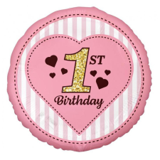 Első születésnap 1st Birthday Pink, Első születésnap fólia lufi 36 cm party kellék