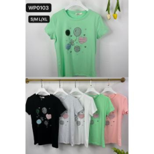 EMT Póló pamut női póló mintás – L/XL Fekete női póló