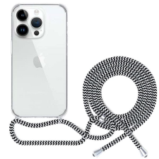 Epico Spello Crossbody iPhone 15 Pro átlátszó tok fekete-fehér zsinórral tok és táska
