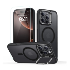 ESR CLASSIC HYBRID szilikon telefonvédő (ütésállóság, kitámasztó, MagSafe, matt + képernyővédő üveg) FEKETE tok és táska