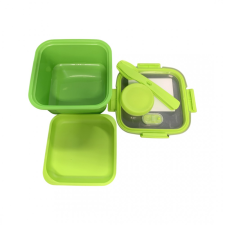  Ételtároló doboz, szögletes, 1,1 literes, zöld, evőeszközzel uzsonnás doboz