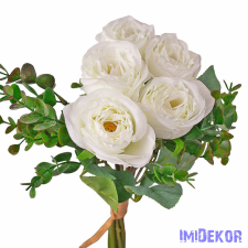  Eukaliptuszos rózsa selyemvirág csokor 36cm - Fehér dekorációs kellék
