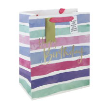 Eurowrap Ltd. Eurowrap ajándéktasak (26,5x33x14 cm) lila, rózsaszín csíkos Happy Birthday (4) ajándéktasak