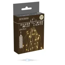  Ezüst drótkábeles korbács 80 LED-es elemes (elem nékül) meleg dekorációs kellék