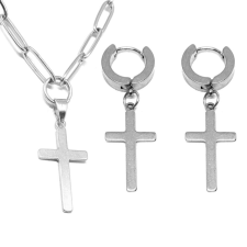  Ezüst színű Nemesacél Kereszt medálos hosszú szemes nyaklánc + fülbevaló szett ékszer szett