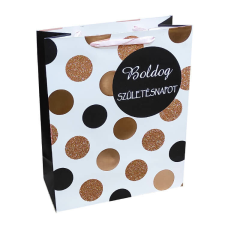 Fakopáncs Ajándéktasak - kicsi (fehér alapon bronz és fekete színű pöttyök születésnapi köszöntéssel) party kellék