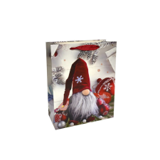 Fakopáncs Ajándéktasak - kicsi (szürke alapon piros sapkás manó karácsonyfadíszekkel) ajándéktasak