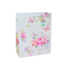 Fakopáncs Ajándéktasak - közepes (fehér alapon, rózsák vázában és madáretető) party kellék