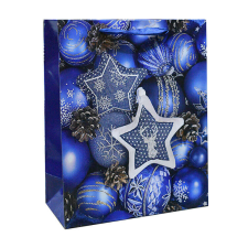 Fakopáncs Ajándéktasak - közepes (kék karácsonyi díszek. középen fehér-kék csillag dísszel) ajándéktasak