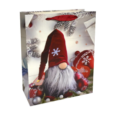 Fakopáncs Ajándéktasak - közepes (szürke alapon piros sapkás manó karácsonyfadíszekkel) ajándéktasak