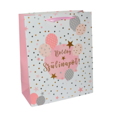 Fakopáncs Ajándéktasak - nagy (boldog szülinapot, fehér - rózsaszín kör és lufik) party kellék