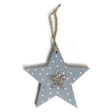 Fakopáncs Dekorációs figura (szürke csillag, fehér pöttyökkel, ezüst csillámos csillaggal középen) karácsonyi dekoráció
