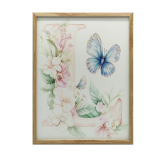 FALI PLAKÁT FA KERETBEN L BETŰ VIRÁGOK PILLANGÓ 50x70 grafika, keretezett kép