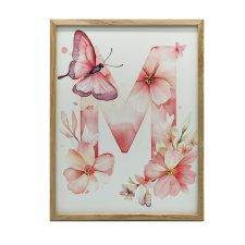 FALI PLAKÁT FA KERETBEN M BETŰ VIRÁGOK 30x40 CM grafika, keretezett kép