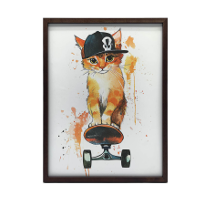 FALI PLAKÁT FEKETE KERETES CAT SNOWBOARD 70X100 CM grafika, keretezett kép