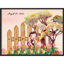  Falikép - Kislány a kertben, felirattal (videóvetítő opcióval) grafika, keretezett kép