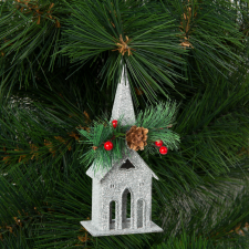 Family Karácsonyi glitteres templom akasztóval - 16 x 6,5 cm - ezüst 58677B karácsonyi dekoráció