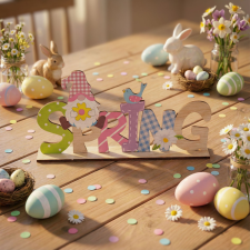Family Tavaszi fekvő asztaldekoráció fából - manós, 57968B dekoráció