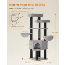 Feandrea Macska kaparófa, többszintes macskatorony, XXL, szürke és fekete 55x55x187cm macskabútor