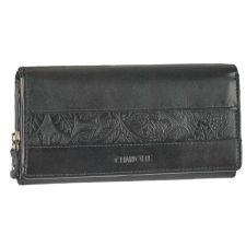  Fedeles, nyomott betétes fekete női bőr pénztárca Charlotte pénztárca