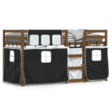  fehér/fekete tömör fenyőfa emeletes ágy függönyökkel 90x200 cm ágy és ágykellék