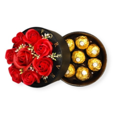 Fekete búrás virágdoboz desszerttel - szappanrózsa és ferrero rocher ajándéktárgy