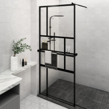fekete ESG üveg és alumínium zuhanyfal polccal 100 x 195 cm kád, zuhanykabin