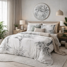  Fekete-fehér pálma mintás ágyneműhuzat – modern trópusi minimal design200x220, 70x80x2db lakástextília