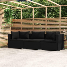 fekete háromszemélyes polyrattan kanapé párnákkal kerti bútor