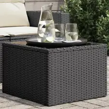  Fekete üveglapú kerti asztal 55 x 55 x 37 cm polyrattan kerti bútor