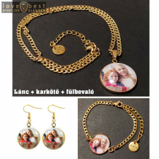  Fényképes ékszerszett (nyaklánc, karkötő, fülbevaló) acél kubai nyaklánccal, arany szín (márkadobozzal) ékszer szett