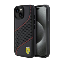 Ferrari iPhone 15 Pro (6,1&quot;) hátlap tok, PU bőr, fekete, Ferrari Perforated Slanted Line (FEHCP15LPWAK) tok és táska