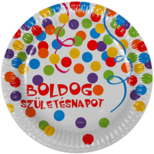 Festa Boldog születésnapot feliratos 6 darabos papírtányér - 23 cm, konfetti mintás party kellék