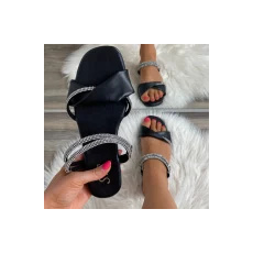 FF Lux Shoes Ébensikk - fekete, strasszos pántos papucs  Méret: 36