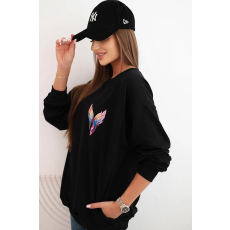 FiatalDivat Pamut oversize pulóver színes szárnyak nyomtatásával a háton, PL16 modell fekete
