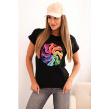 FiatalDivat Pamut rövid ujjú póló színes nyomtatással, 69941 modell, fekete női póló