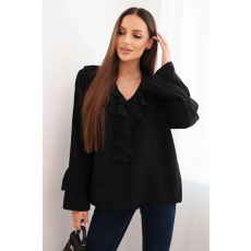 FiatalDivat Viskóz blúz volános nyakkivágással és ujjakkal 25638-as modell fekete