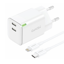 Foneng GAN35 2x USB-C Hálózati töltő + Lightning kábel - Fehér (35W) mobiltelefon kellék
