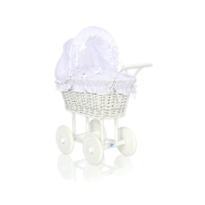  Fonott babakocsi fehér ágyneművel és párnával - fehér játék babakocsi