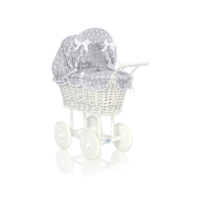  Fonott babakocsi szürke ágyneművel és béléssel - fehér játék babakocsi