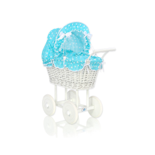  Fonott babakocsi türkizkék ágyneművel és béléssel - fehér játék babakocsi