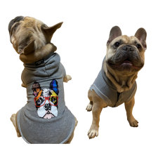  Francia bulldog mintás kapucnis kutyapulcsi, szürke, M-es kutyaruha