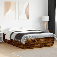 füstös tölgy színű szerelt fa ágykeret LED-del 140x200 cm ágy és ágykellék