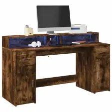 Füstös tölgy színű szerelt fa íróasztal LED-ekkel 160x55x91 cm bútor