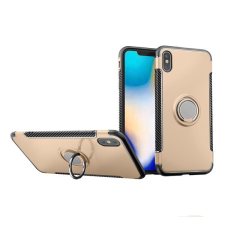 Gigapack Műanyag telefonvédő (szilikon keret, asztali tartó funkció, telefontartó gyűrű, beépített fémlemez, karbon minta) ARANY [Apple iPhone XS ... tok és táska