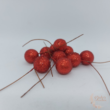  Glitteres drótos bogyó - 1,5 cm - piros dekorációs kellék