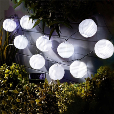 Globiz Szolár lampion fényfüzér - 10 db fehér lampion, hidegfehér LED - 3,7 m kültéri világítás