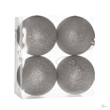  Gömb dobozban, mûanyag, 10 cm, ezüst, glitteres, S/4 dekorációs kellék