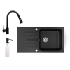  Gránit mosogató NERO Malta + kihúzható zuhanyfejes Snake csaptelep + adagoló (matt fekete)