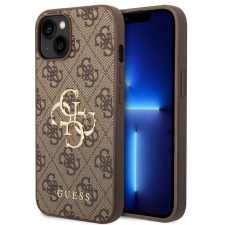 Guess Hátlaptok fém logó iPhone 15 Plus barna mobiltelefon kellék